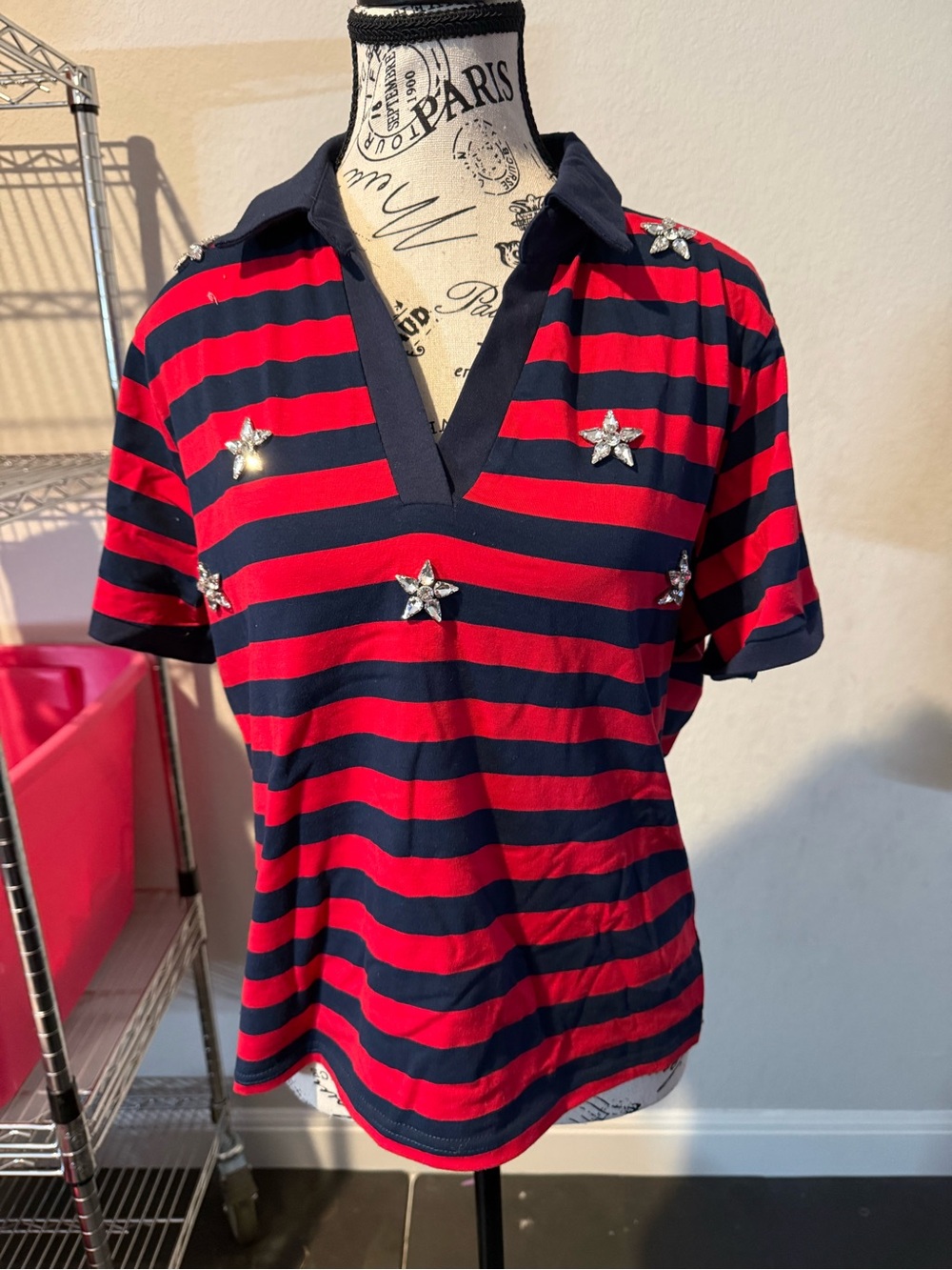 Embellished Red & Navy Stripe Polo Top